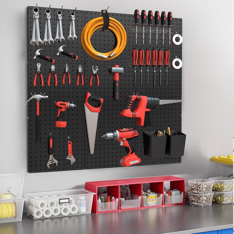 FZK Peg Board, 4 Pack Metal Pegboard Kit,Black Pegboard Wall Organizer with 32 Pcs Hooks, Peg Board for Walls Home, Garage Tool Storage, Office Organization, Kitchen, Craft Room - Image 5